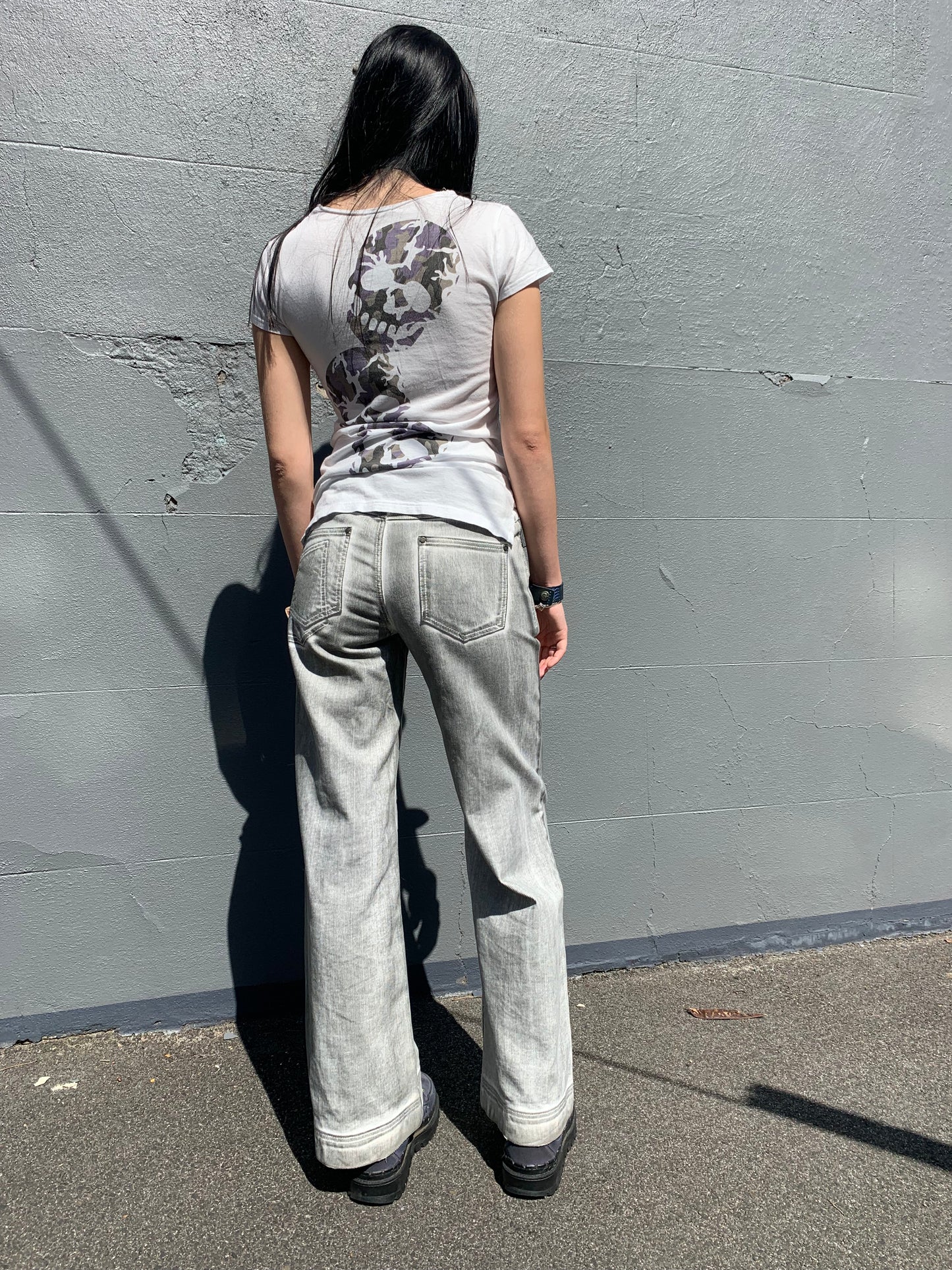 Acid wash wide leg white jeans