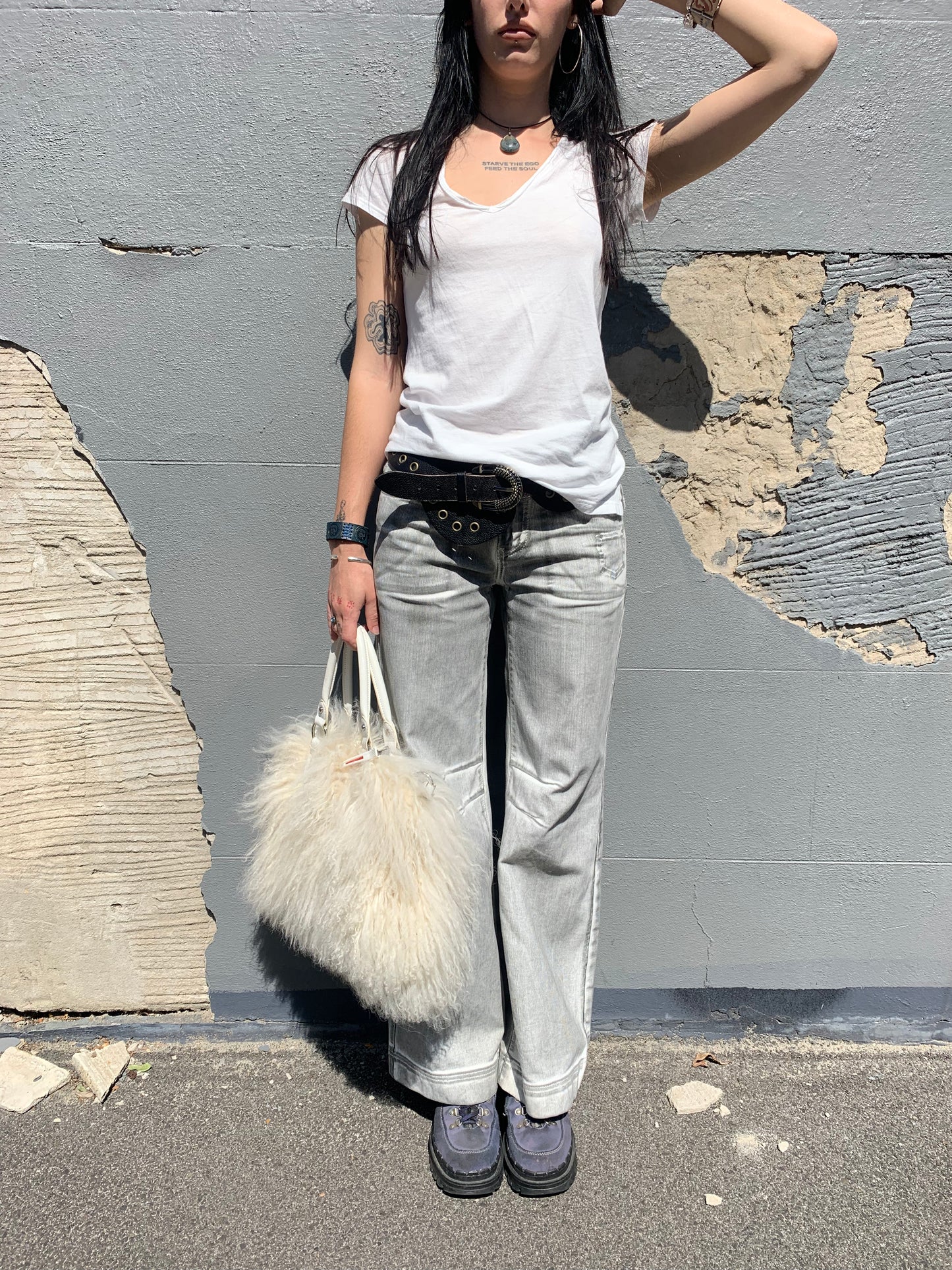 Acid wash wide leg white jeans