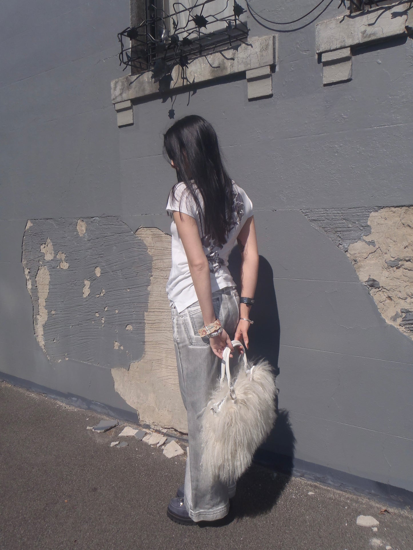 Acid wash wide leg white jeans