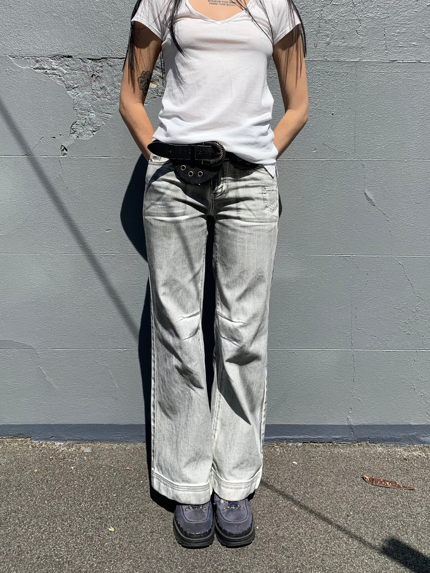 Acid wash wide leg white jeans