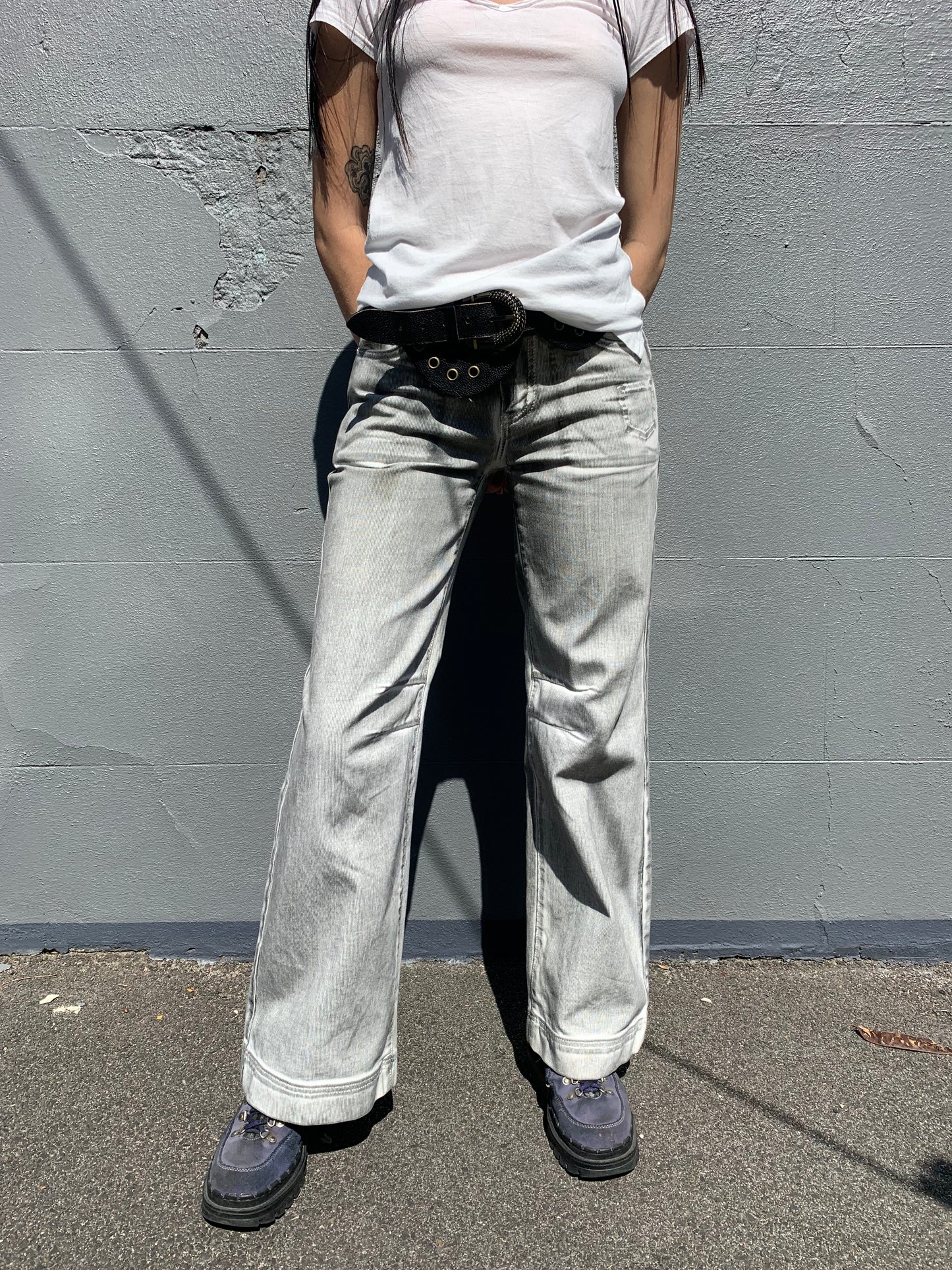 Acid wash wide leg white jeans