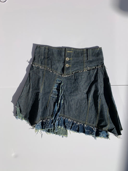 2000s denim patched asymmetrical skirt