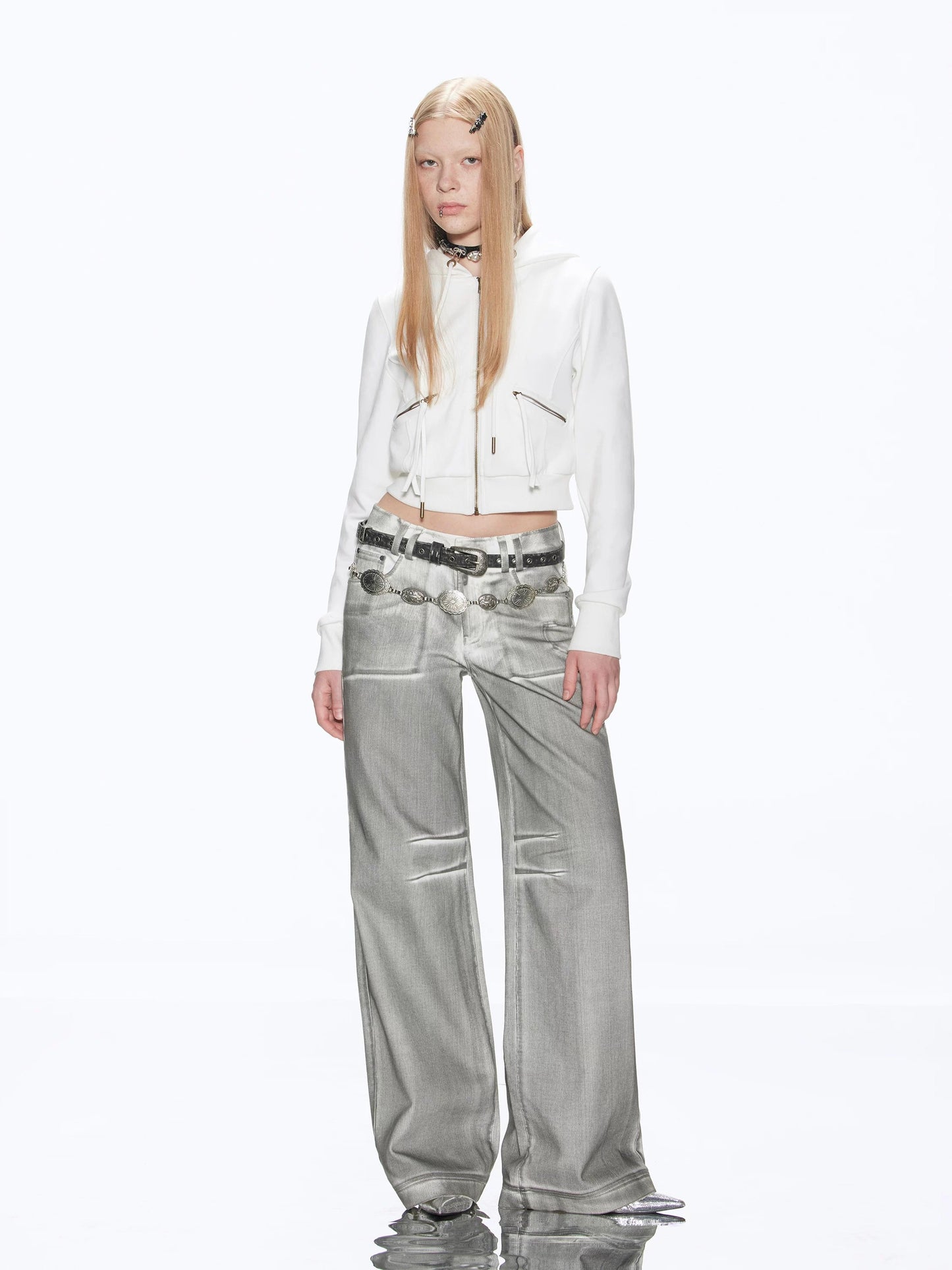 Acid wash wide leg white jeans